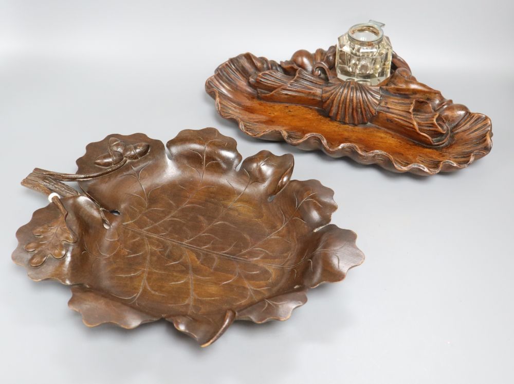 A carved walnut inkstand and a carved leaf dish, length 35cm